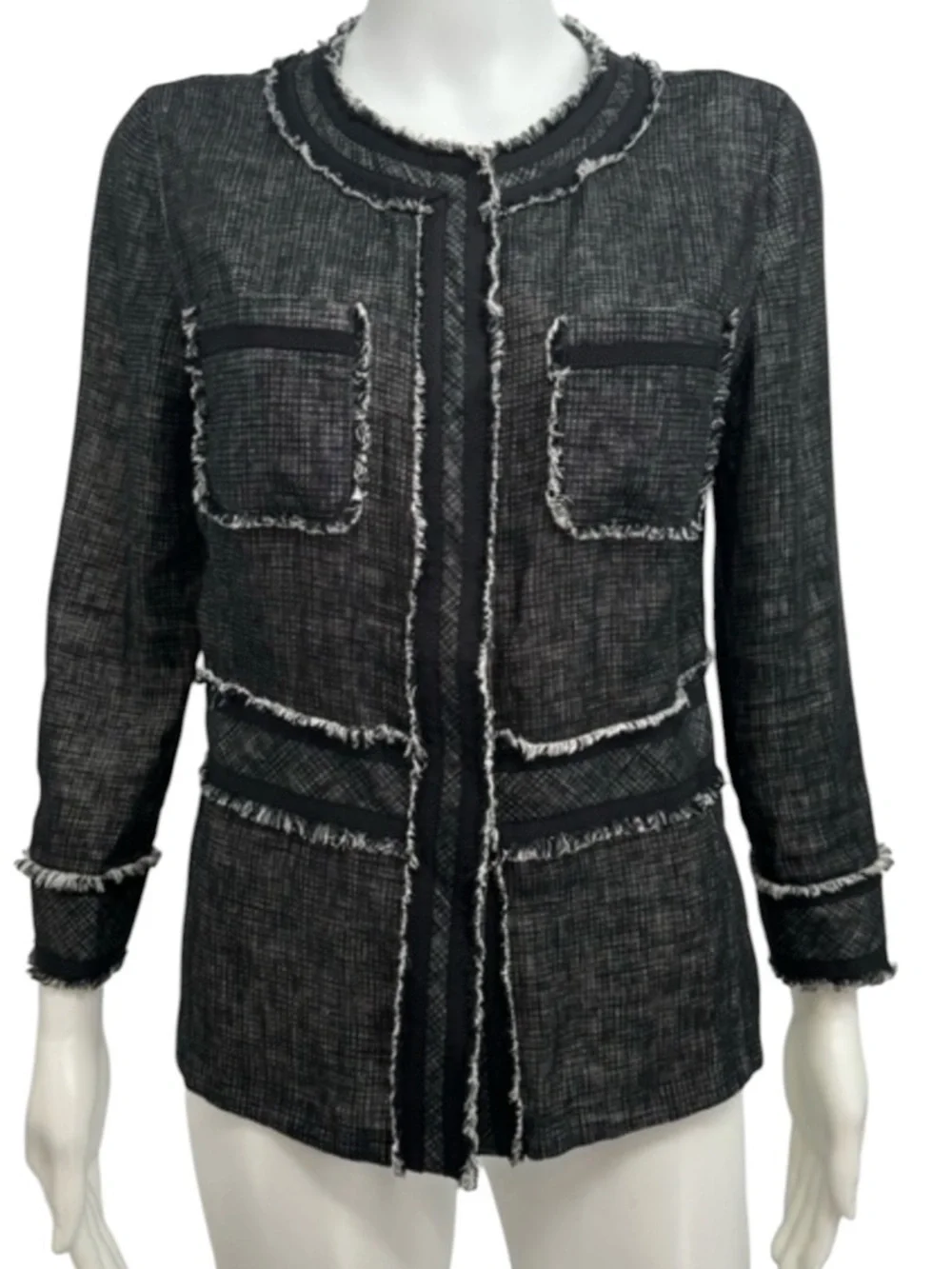 Lafayette 148 Jacket Black Collarless Fringe Linen 14 - Picture 2 of 10